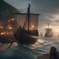 Viking raid, Fierce Viking warriors raiding a coastal village with longships and battle cries1