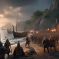 Viking raid, Fierce Viking warriors raiding a coastal village with longships and battle cries5