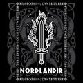 Viking, Scandinavian design. Viking flaming sword, Old Norse pattern with dragons and inscription - Norseman in