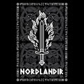 Viking, Scandinavian design. Flaming viking sword and inscription - northerner in Norse