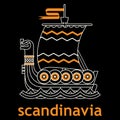 Viking Scandinavian design. The Viking ship is a Drakkar. Old Norse pattern and Runic symbols