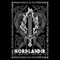 Viking, Scandinavian design. Viking flaming sword, Old Norse pattern with dragons and inscription - Norseman in