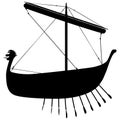 Viking scandinavian drakkar silhouette. Norman rowing ship sailing