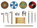 Viking set: shields, helmets, axes, swords, spear, runes. Vector. Royalty Free Stock Photo