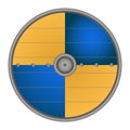 Viking shield blue-yellow color in realistic style. Viking weapons Royalty Free Stock Photo