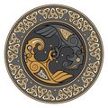 Viking shield, decorated with a Scandinavian pattern and Ravens of God Odin. Huginn and Muninn