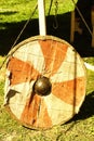 Viking shield at the military tent camp at the historical reconstruction festival