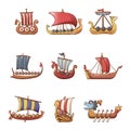 Viking ship boat drakkar icons set, cartoon style Royalty Free Stock Photo