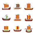 Viking ship boat drakkar icons set, flat style Royalty Free Stock Photo