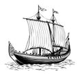 Viking ship. Medieval military boat with sails Vintage Vector