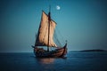 viking ship sailing in the calm waters, with a clear sky and full moon above