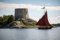 viking ship sailing past ancient castle, with dragonfly resting on the mast