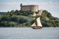 viking ship sailing past ancient castle, with dragonfly resting on the mast