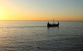 Viking ship at sea at sunrise in Spain Royalty Free Stock Photo