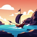 Viking ship on the sea at sunset. Vector cartoon illustration. AI Generated Royalty Free Stock Photo