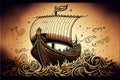 Viking ship in the sea on the waves. Sketch on a brown background. Generative AI Royalty Free Stock Photo