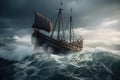 viking ship on stormy sea, with waves crashing over the bow Royalty Free Stock Photo