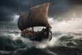 viking ship on stormy sea, with waves crashing over the bow Royalty Free Stock Photo