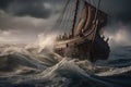 viking ship on stormy sea, with waves crashing over the bow Royalty Free Stock Photo