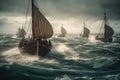 Viking ships fighting the storm. Wooden boats of the Vikings setting out to conquer created by generative AI