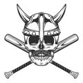 Viking skull in horned helmet and mustache with baseball bat club emblem design elements template in vintage monochrome style Royalty Free Stock Photo