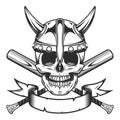 Viking skull in horned helmet and ribbon with baseball bat club emblem design elements template in vintage monochrome style Royalty Free Stock Photo