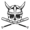 Viking skull without jaw in horned helmet with baseball bat club emblem design elements template in vintage monochrome style Royalty Free Stock Photo
