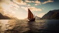 A viking or varangian sailboat sailing on a body of water with mountains in the background. AI generative image