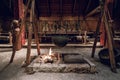 Viking village interior. Cooking pot over the fireplace.