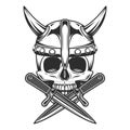 Viking skull serious medieval nordic warrior in horned helmet and battle knife illustration