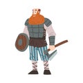 Viking Warrior with Battle Axe and Sword, Scandinavian Mythology Character in Traditional Outfit Cartoon Style Vector Royalty Free Stock Photo