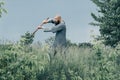 Viking warrior man with ax in emotional pose. Historical photo concept Royalty Free Stock Photo