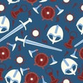 Viking warrior seamless pattern with sword, helmet, shield, rune symbol, sun and axe on blue background. Royalty Free Stock Photo