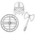 Viking warrior set - shield, two bladed axe and helmet. Hand drawn sketch