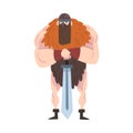 Viking Warrior with Sword, Red Muscular Scandinavian Mythology Character in Traditional Outfit Cartoon Style Vector Royalty Free Stock Photo