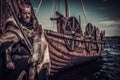 Viking warrior with sword standing near Drakkar on seashore