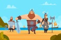 Viking warriors background. Medieval authentic military characters norwegian people vector cartoon landscape