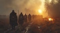 Viking Warriors Marching Through Misty Landscape at Dawn Royalty Free Stock Photo