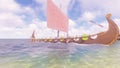 A Viking warship stands on the shore of a beautiful lost tropical island. Concept on the theme of the Vikings and the