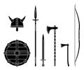 Viking weapons - old medieval shield, helmet, hatchet, sword, ax, axe, bow, spear. Set of warrior equipment. Royalty Free Stock Photo