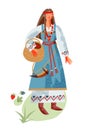 Viking woman with basket full of berries. Medieval Norway people and mythology vector illustration. Young girl standing