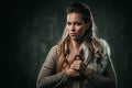 Viking woman with cold weapon in a traditional warrior clothes Royalty Free Stock Photo