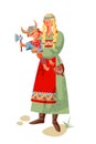 Viking woman with kid. Medieval Norway people and mythology vector illustration. Young mother with happy child standing