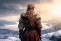 Viking woman snow settlement sunset. Generate Ai