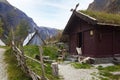 Viking Wooden house and tents in stunning Norwegian fjord landscape