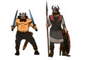 Vikings.brave Berserker with two swords and a warrior with a spear and shield