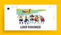 Vikings Landing Page Template. Male Characters Wearing Skins, Helmets with Horns and Holding Armor Swords