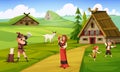 Vikings life. Peaceful cute inhabitants of ancient scandinavian village, woman with children, man chopping wood