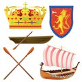Vikings realisitc style SET. Crown, Axe, Ship, Lion boat
