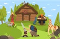 Vikings and scandinavian warriors family and house cartoon vector illustration from Scandinavia history mythology comic